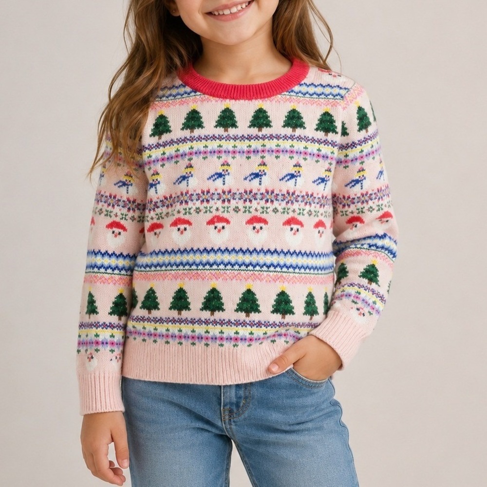 Boden Kids Fair Isle Santa Skiers Pink Christmas Sweater Tag 6-7Y Fits Size 4-5Y